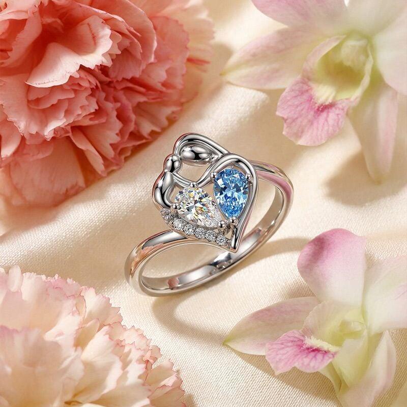 Jeulia Custom Mother-Child Heart Ring with Birthstone Engraving