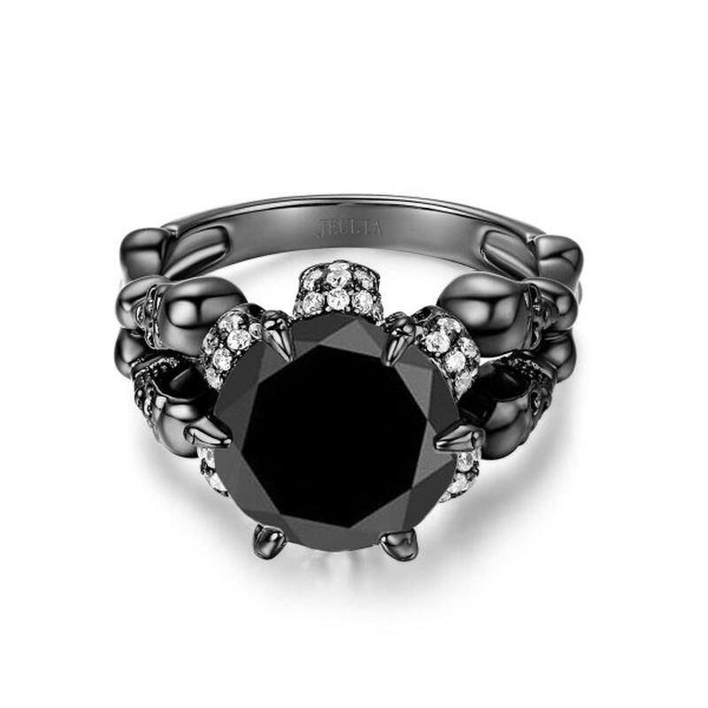 Jeulia Black Round Cut Sterling Silver Skull Ring