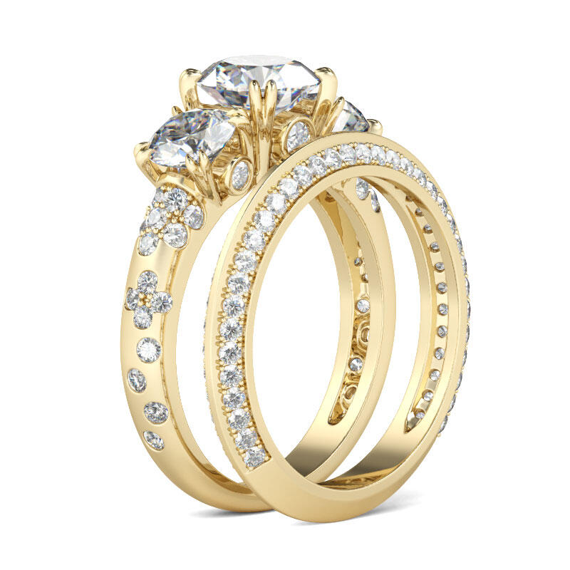 Jeulia Gold Tone Three Stone Round Cut Sterling Silver Ring Set