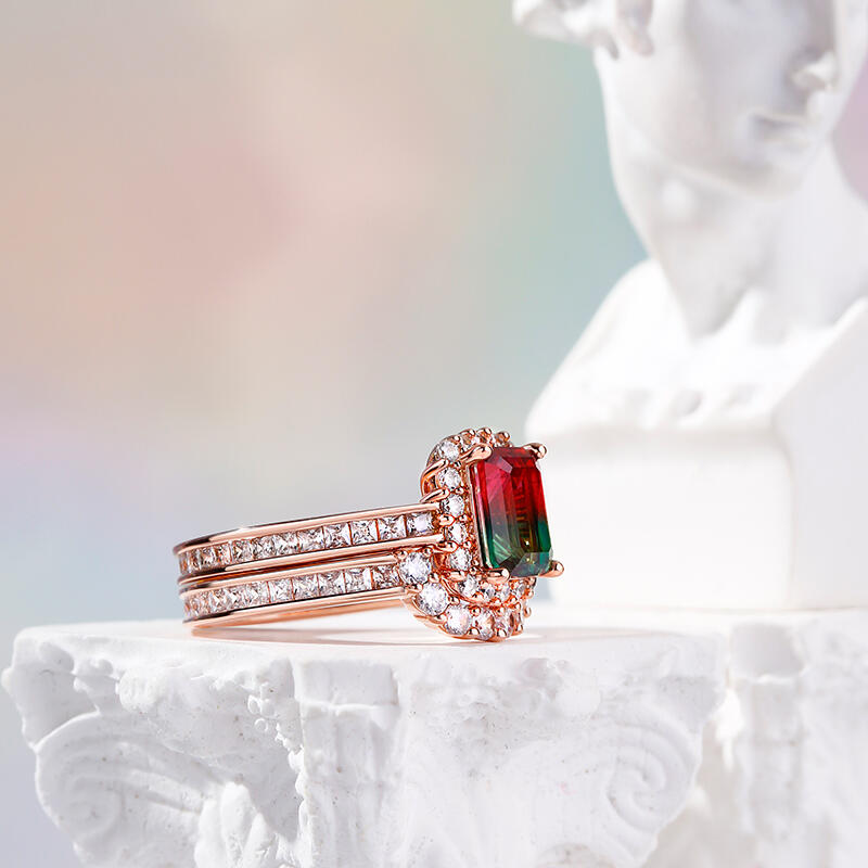 Jeulia Halo Emerald Cut Sterling Silver Watermelon Ring Set
