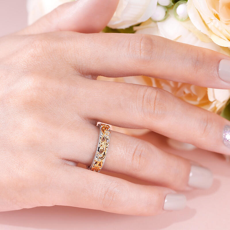 Jeulia Anillo de mujer de plata color oro amarillo tallado con hoja y flor