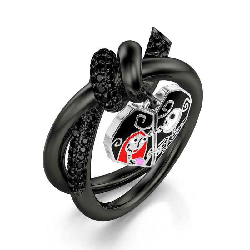 Jeulia Anillo de compromiso de plata con pareja de calavera en corazón