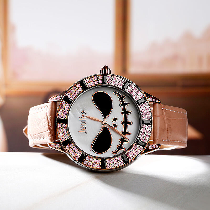 Jeulia "Magic at Midnight" Skull Design Quartz Pink Leather Watch with Mother-of-Pearl Dial