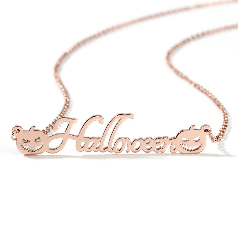 Jeulia "Evil Smiley" Pumpkin Personalized Sterling Silver Name Necklace