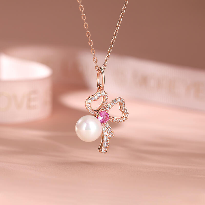 Jeulia "Timeless Love Knot" Bow Cultured Pearl Sterling Silver Necklace