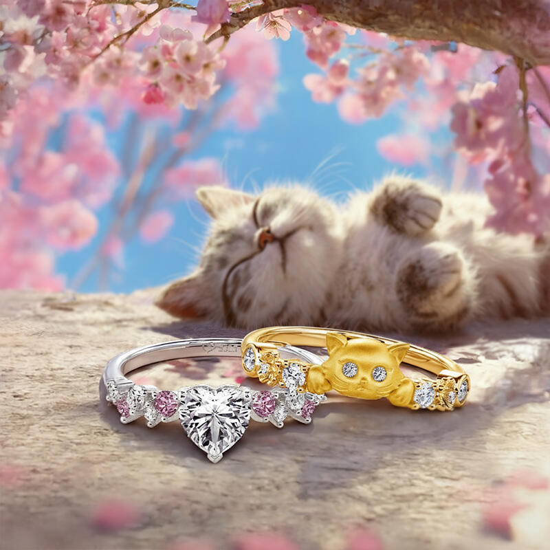 Jeulia Hug Me Juego de Anillos Corazón Gato Sakura Dos Piezas