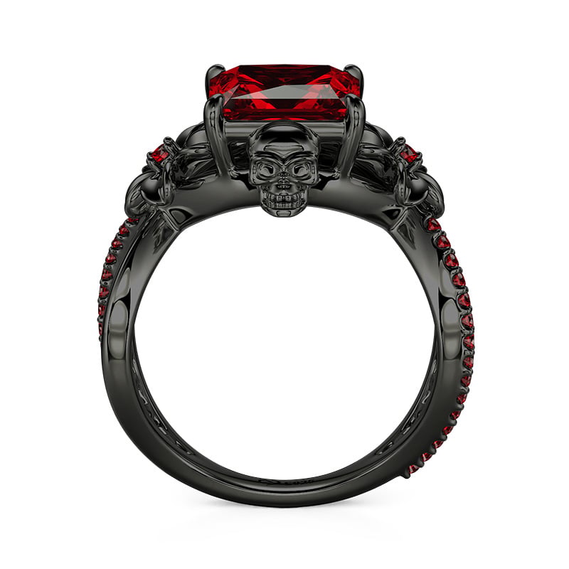 Jeulia Ruby Rings Jeulia Floral Radiant Ruby Gothic Black Skull Ring Hollow Shank ...