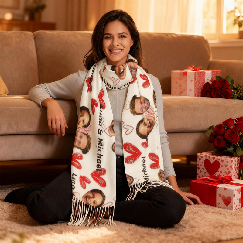 Custom Scarves with Heart Patterns and Couple Photos Gift for Valentine's Day