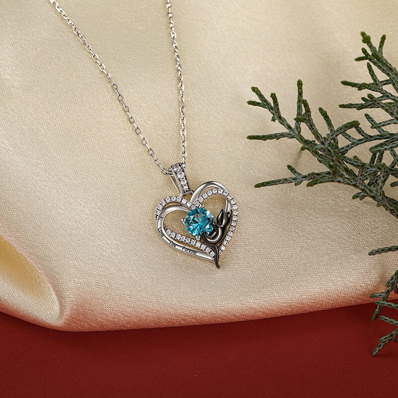 Jeulia Custom Black Cat Double Heart Necklace With Birthstone