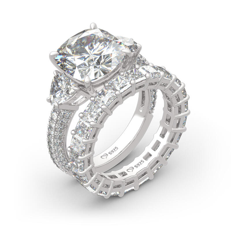 Jeulia Three Stone Cushion Cut Sterling Silver Ring Set