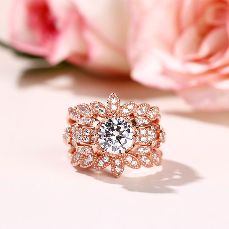 Jeulia Terno De Anillos De Plata De Ley Con Corte Redondo En Forma De Hoja