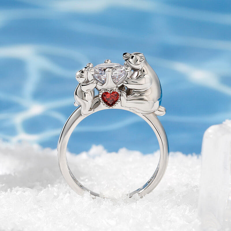 Jeulia Hug Me "Mother & Baby" Polar Bear Round Cut Sterling Silver Ring