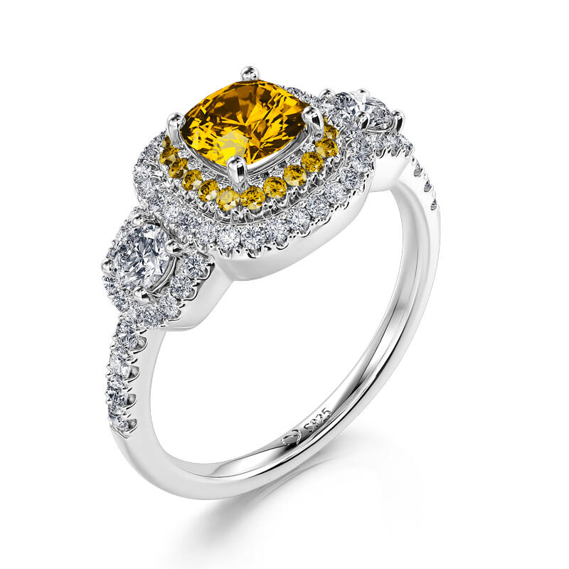 Jeulia drie stenen Halo prinses geslepen sterling zilveren ring