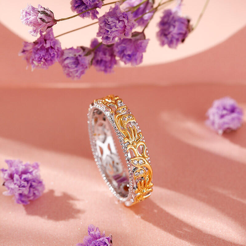 Jeulia Anillo de mujer de plata color oro amarillo tallado con hoja y flor