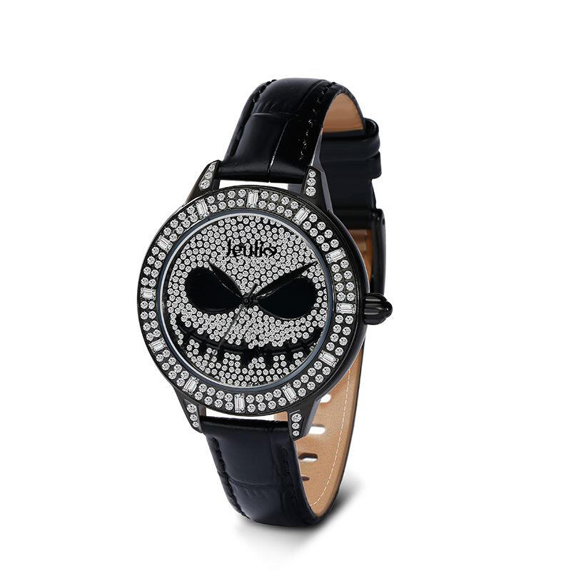 Jeulia "Patron Spirit of Halloween" Reloj De Mujer De Cuarzo Con Correa De Cuero Negro Y Diseño De Calavera