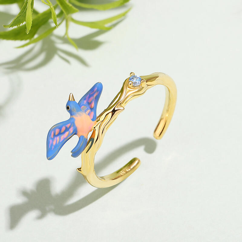Jeulia Dreamy Garden Bird Design Enamel Adjustable Sterling Silver Ring