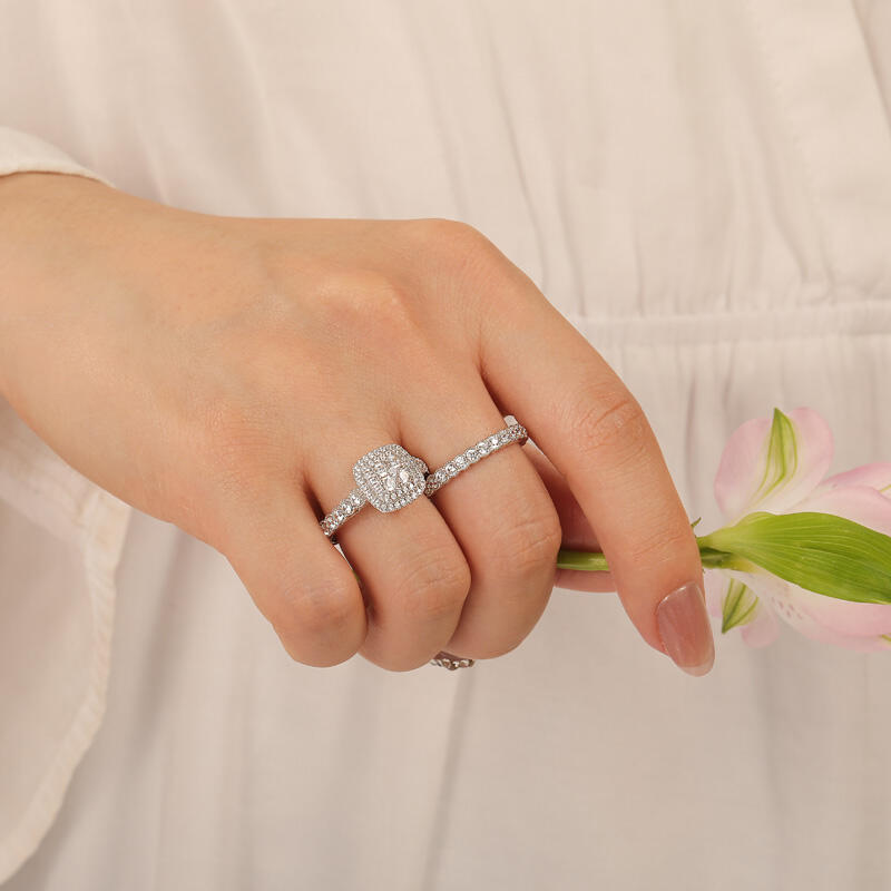 Jeulia Double Halo Cluster Ring Set with Eternity Band Sterling Silver