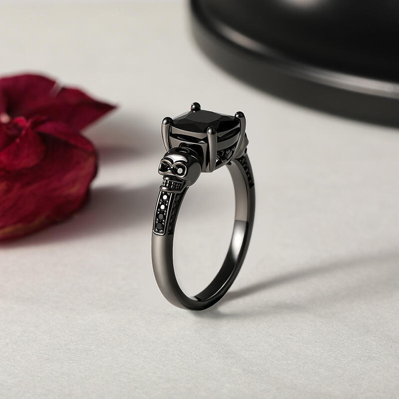 Jeulia "Eternal Love" Black Skull Cushion Cut Gothic Sterling Silver Ring
