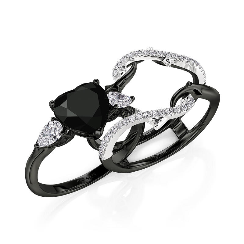 Jeulia Black Heart Thorns Three Stone Ring Set