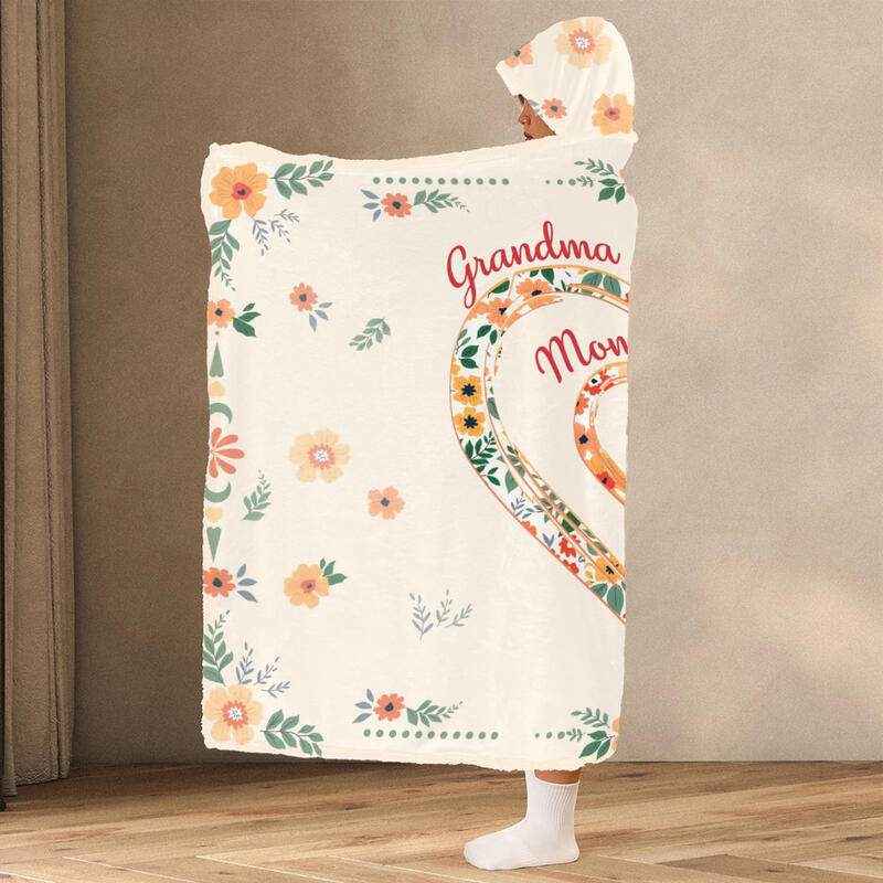 Personalized Name Wearable Blanket Hoodie with Flowers Pattern Warm Gift for Mother's Day