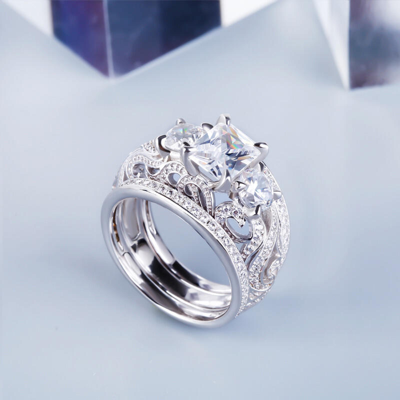 Jeulia Three Stone Scrollwork Radiant Cut Sterling Silver Ring Set