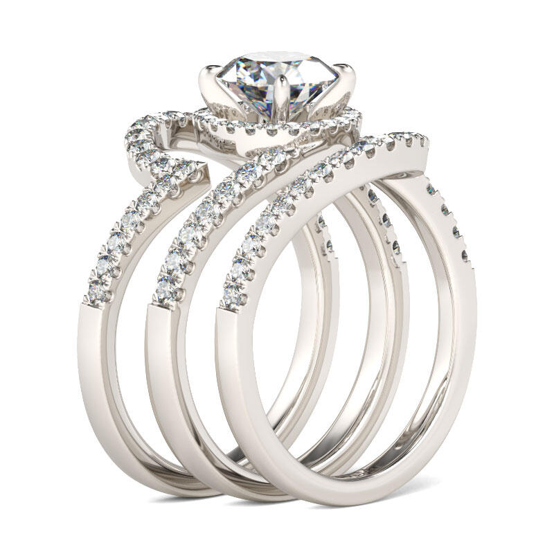 Jeulia 3PC Halo Round Cut Sterling Silver Ring Set