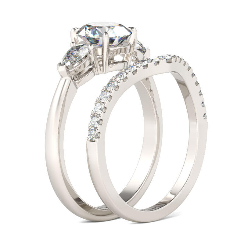 Jeulia Three Stone Round Cut Sterling Silver Ring Set