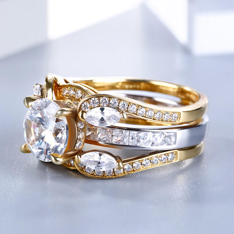 Jeulia Conjunto De Anillos Intercambiables Con Dos Tonos De Talla Redonda En Plata De Ley