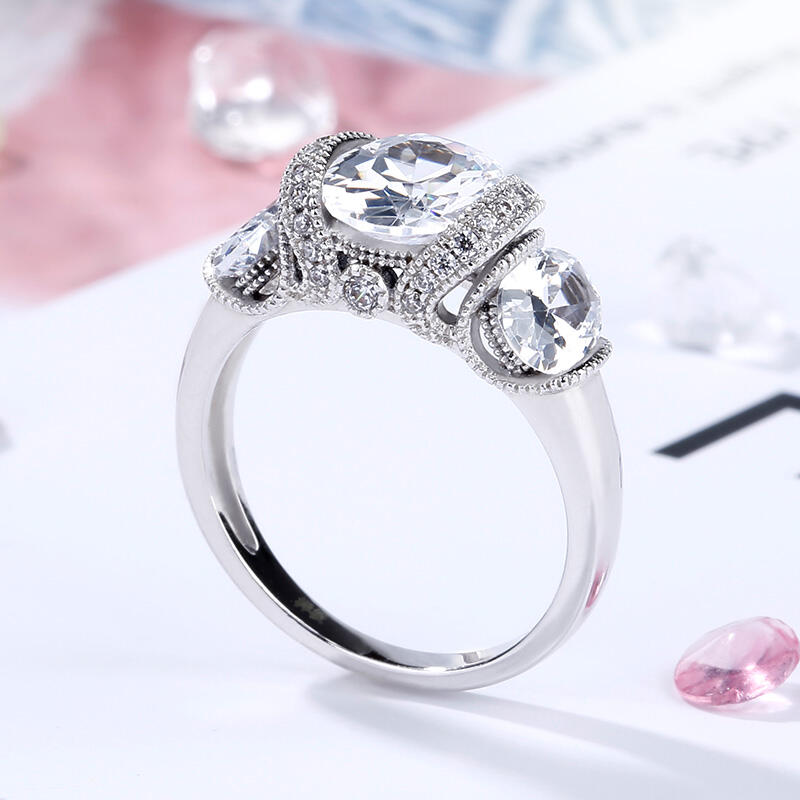 Jeulia Milgrain Three Stone Oval Cut Sterling Silver Ring