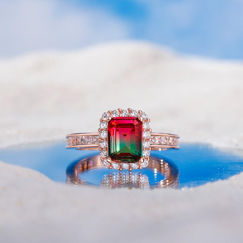 Jeulia Halo Smaragd skärning sterling silver vattenmelon ring set