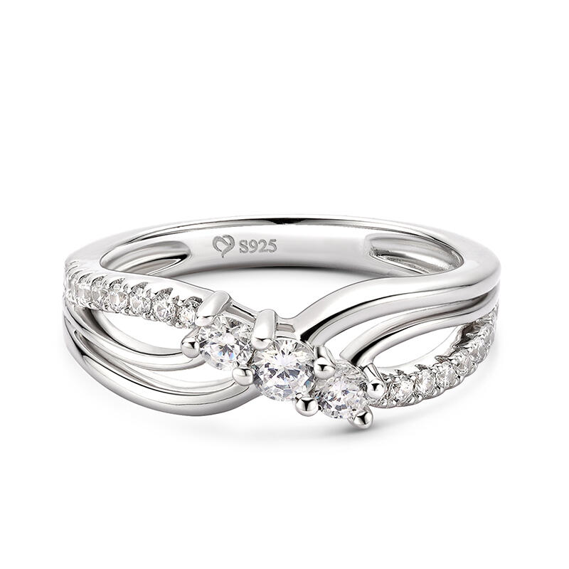 Jeulia Three Stone Round Cut Sterling Silver Band