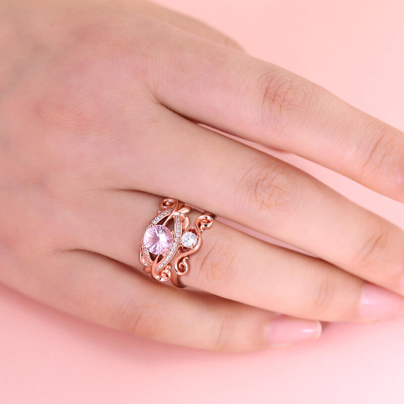 Jeulia "Art Deco" rundslipad syntetisk Morganit sterling silver ring set