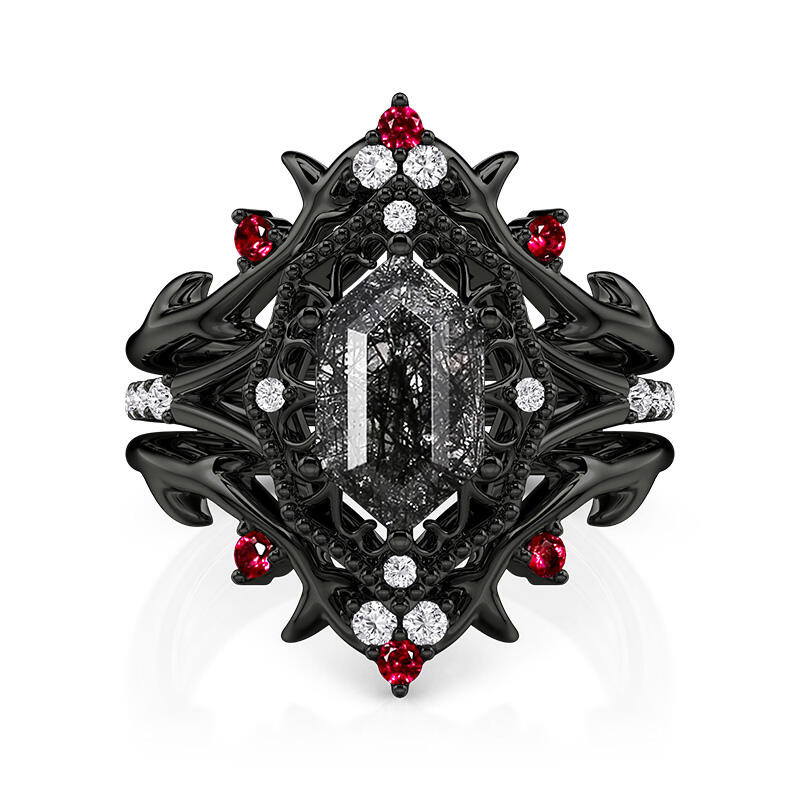 Jeulia Gothic Thorn Hexagon Black Rutilated Quartz Bridal Set
