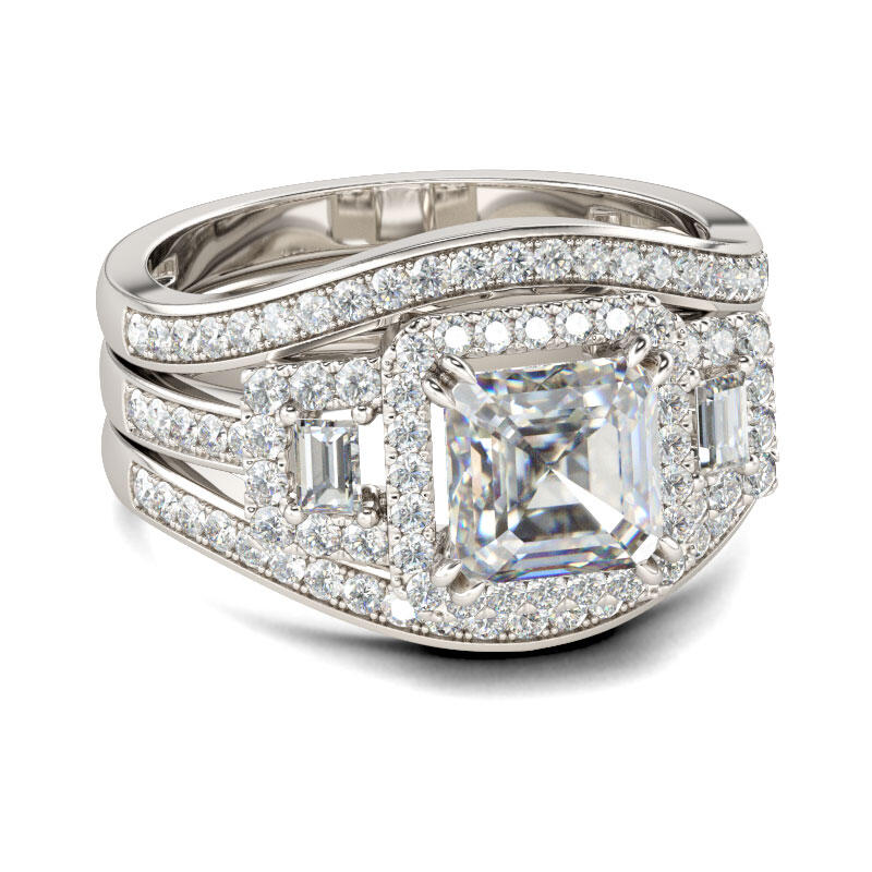 Jeulia Halo Three Stone Asscher Cut Sterling Silver Ring Set