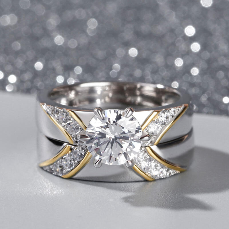 Jeulia Two Tone Round Cut Sterling Silver Ring Set