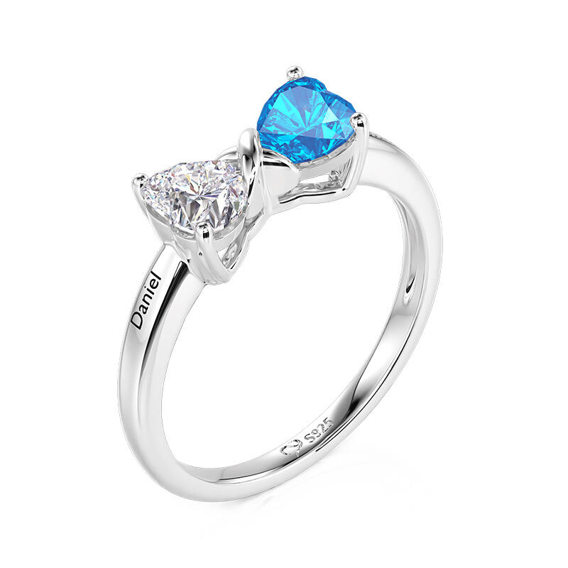 Jeulia Custom Name Double Heart Birthstone Ring with Knot Design