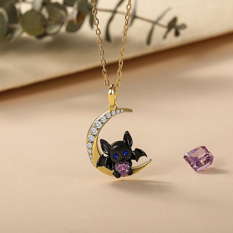 Jeulia Moon Hugers Custom Heart Birthstone Bat Necklace
