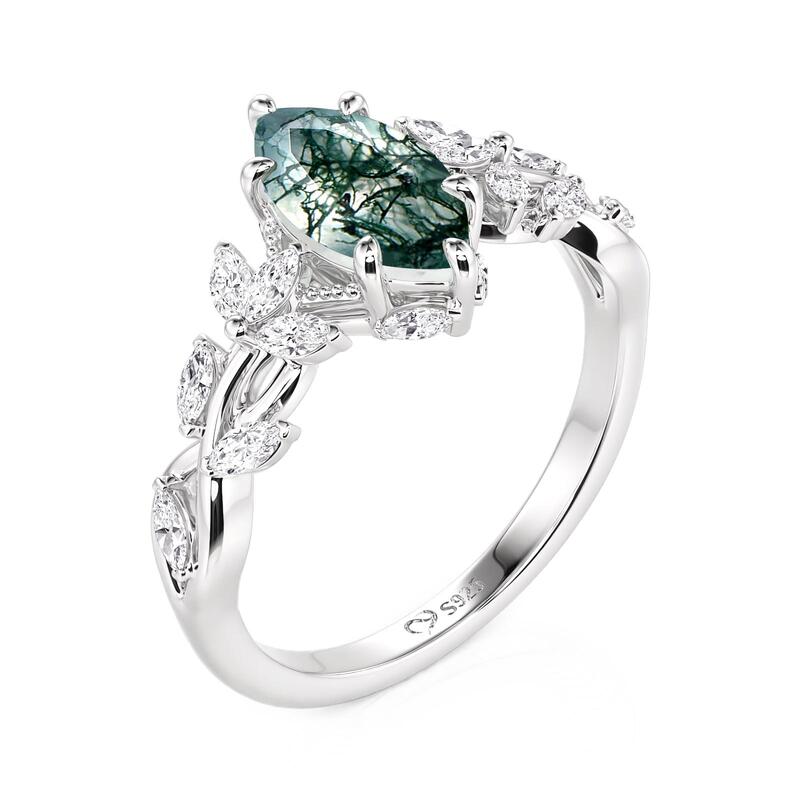 Jeulia Twist Marquise Cut Moss Agate Engagement Ring
