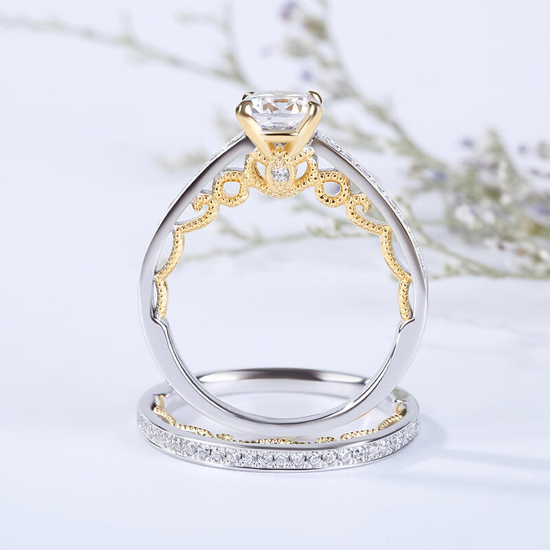 Jeulia Vintage Two Tone Scrollwork Round Cut Sterling Silver Ring Set