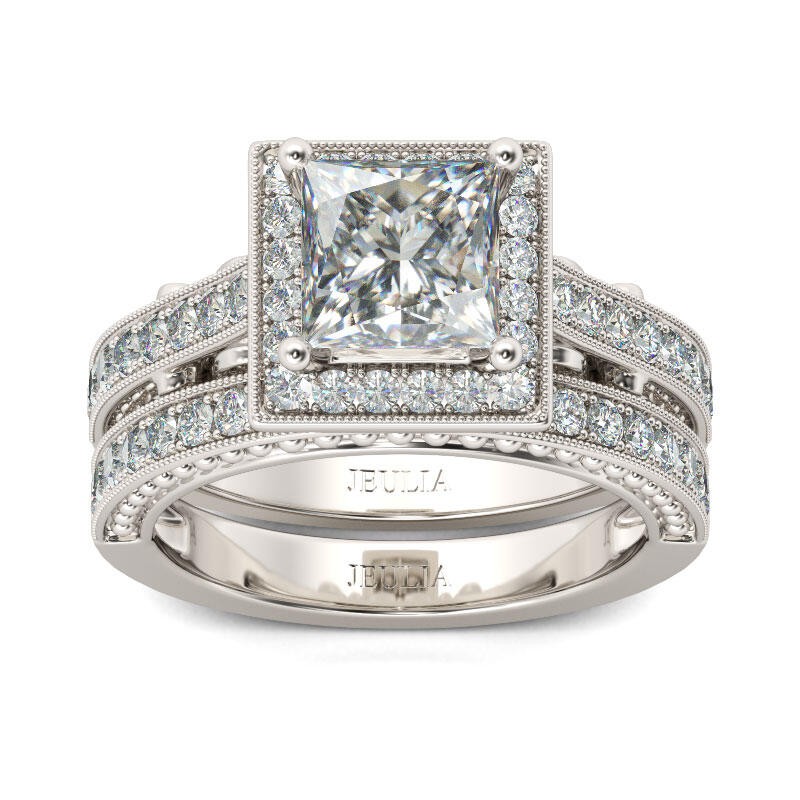 Jeulia Halo Princess Cut Sterling Silver Ring Set