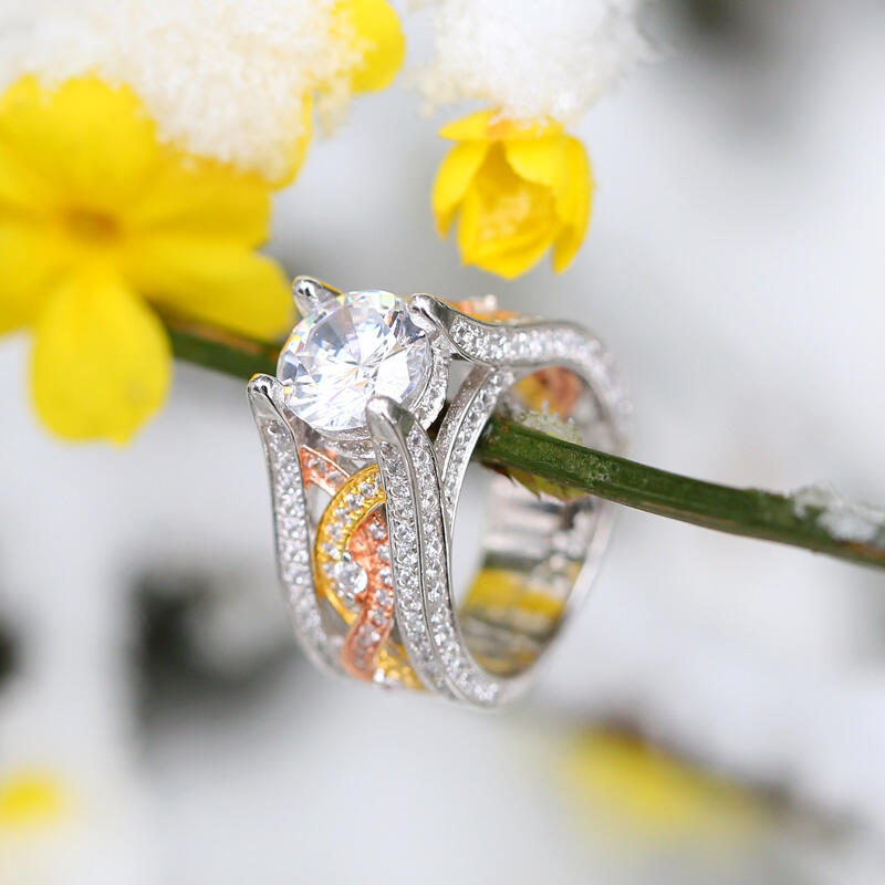 Jeulia Three Tone Round Cut Sterling Silver Ring