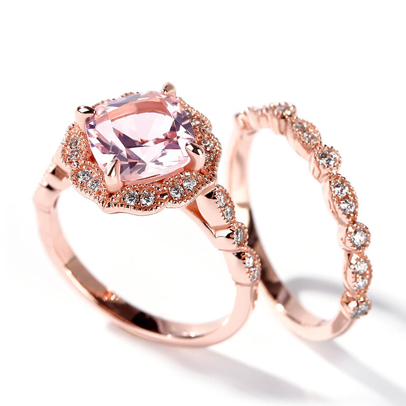 Jeulia Floral Halo Cushion Cut Synthetic Morganite Sterling Silver Ring Set