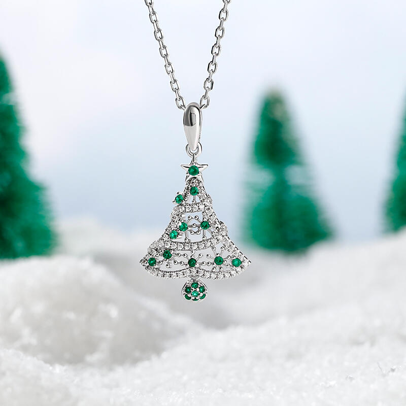 Jeulia "Happy Christmas" Christmas Tree Sterling Silver Necklace