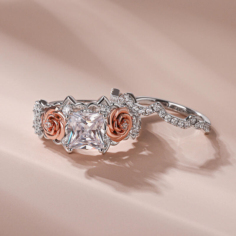 Jeulia "True Love" Rose Princess Cut Sterling Silver Ring Set