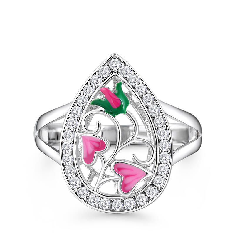 Jeulia Anillo para Mujer Grande de Plata Esmaltada Flor Rosa