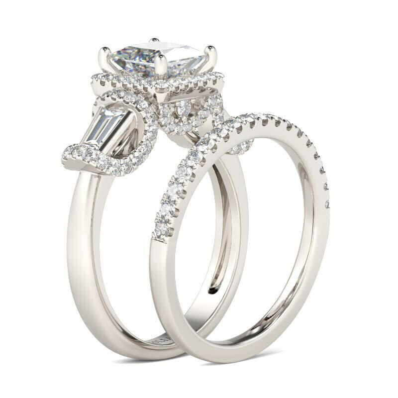 Jeulia Three Stone Halo Princess Cut Sterling Silver Ring Set