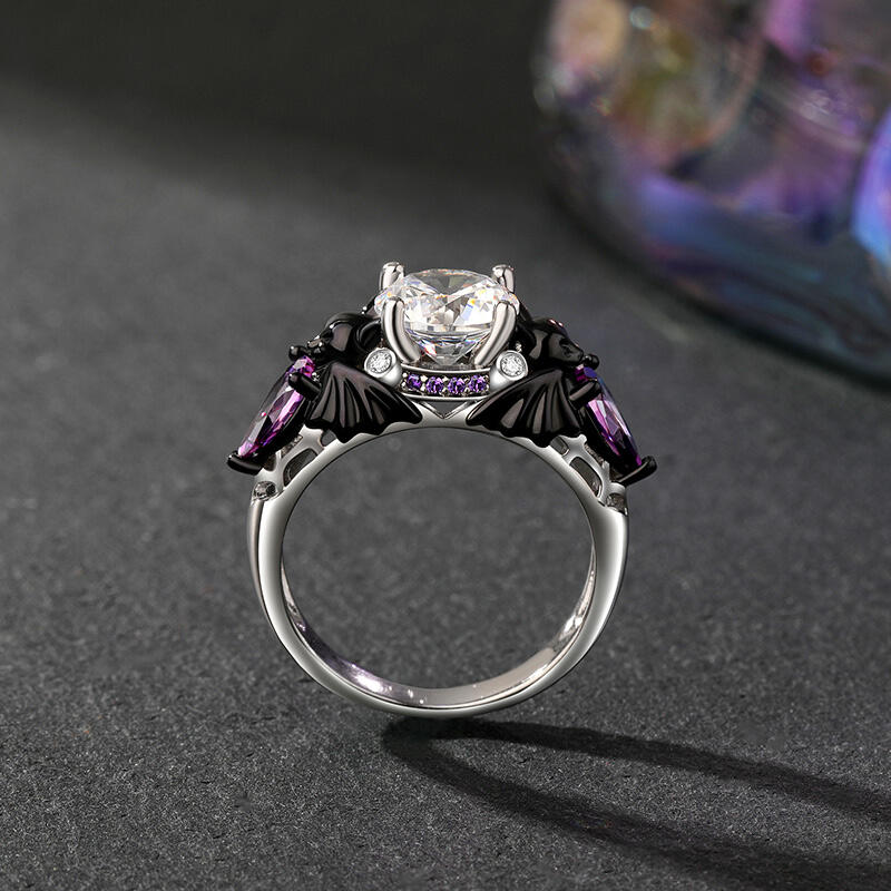 Jeulia Two Tone Black Bat Ring Sterling Silver Round Cut