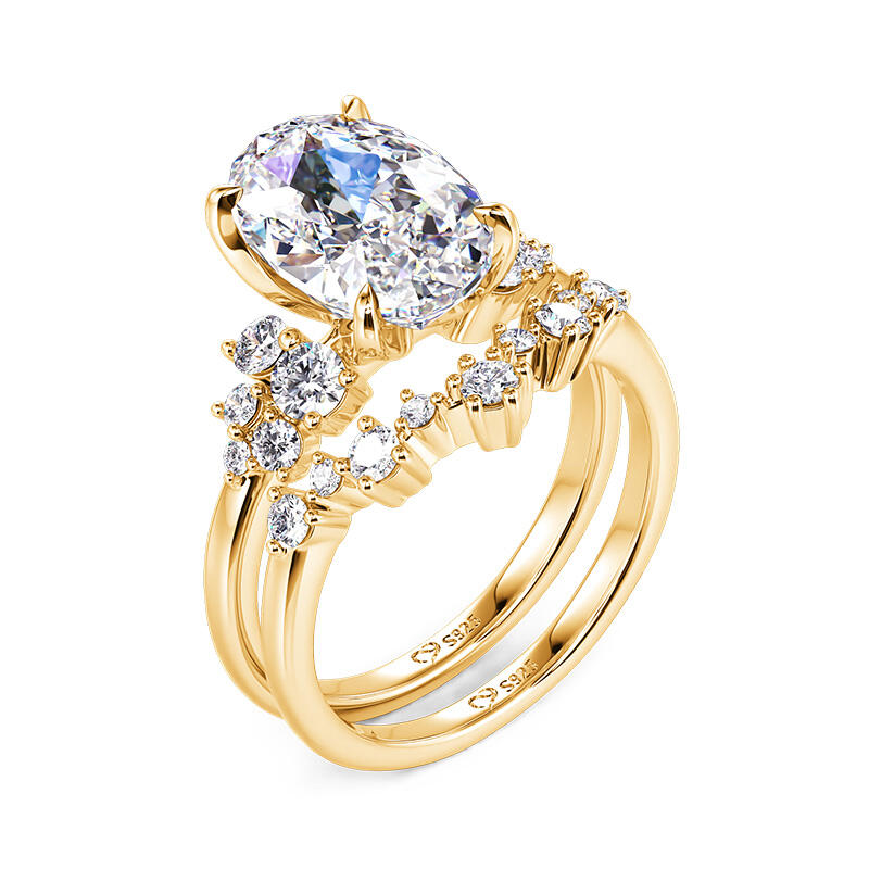 Jeulia Fine Oval Cut Gold Bridal Rings Set with Side Stone Sterling Silver