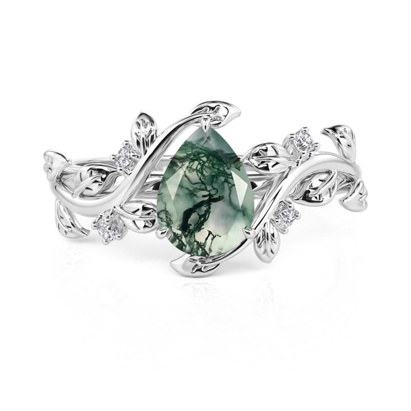 Jeulia Bague de Fiançailles en Agate Mousse Coupe Poire Bypass avec Feuille de Vigne