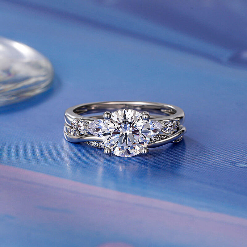 Jeulia Simple Three Stone Bridal Set 2PCS Sterling Silver